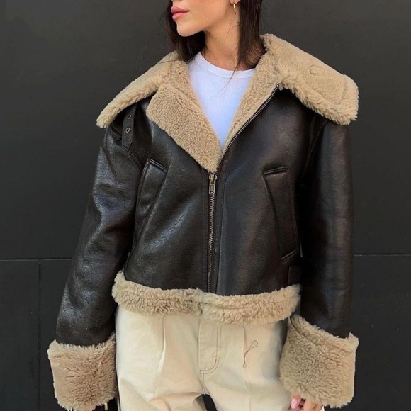 Zara Brown and Tan Bomber Sherpa Aviator Faux Leather Jacket - Picture 1 of 7